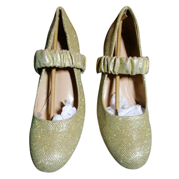 WSKEISP Women's Dress Pumps Gold Glitter Ruffled Strap Mary Jane Style Size 11 - Picture 1 of 7